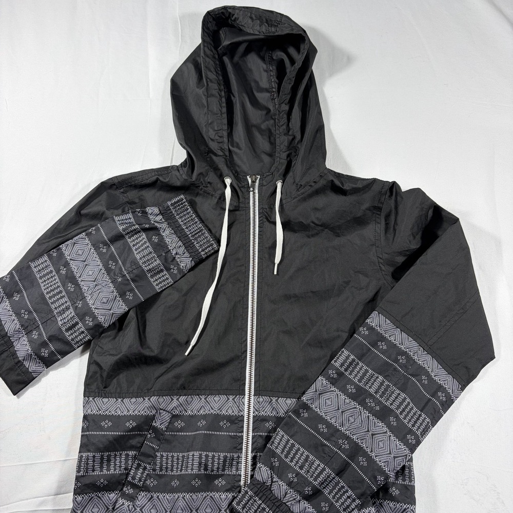 Empyre Hooded Windbreaker Jacket Mens Small Black Gray Aztec Tribal Zip Up